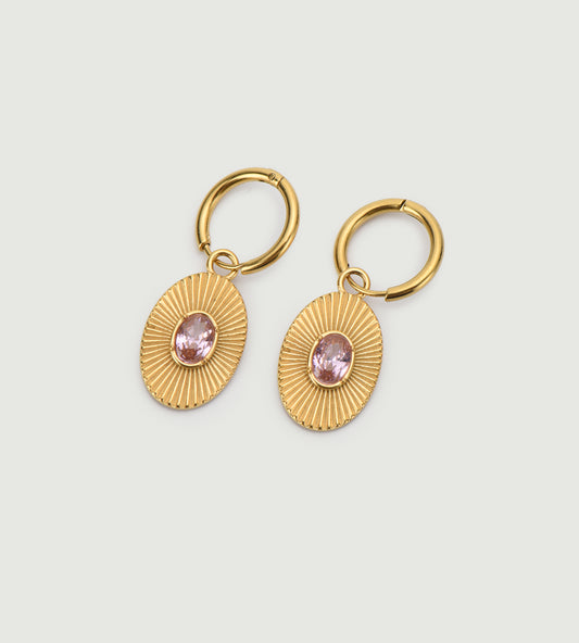 Pink Zircon Set Oval Coin Earrings