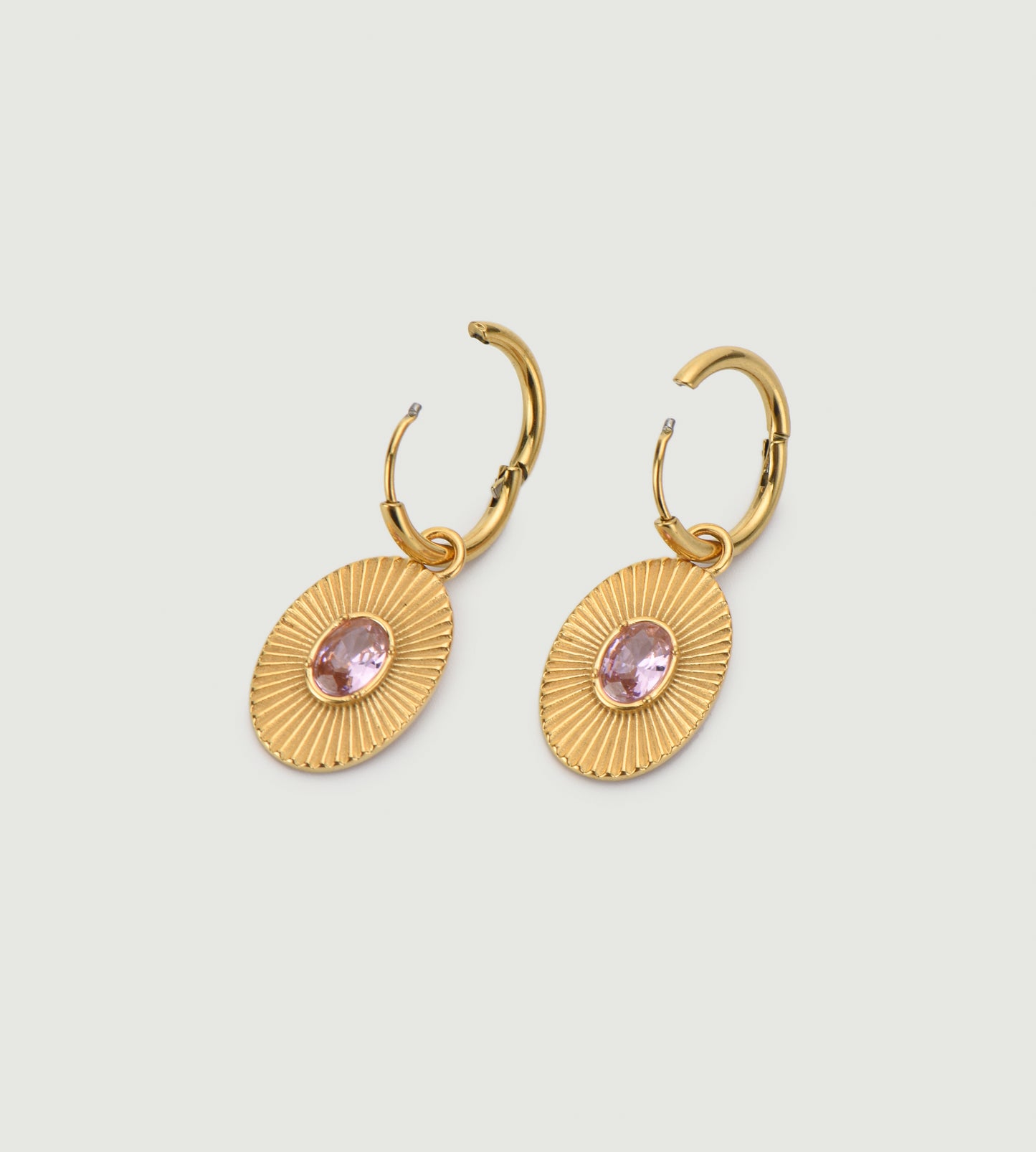 Pink Zircon Set Oval Coin Earrings