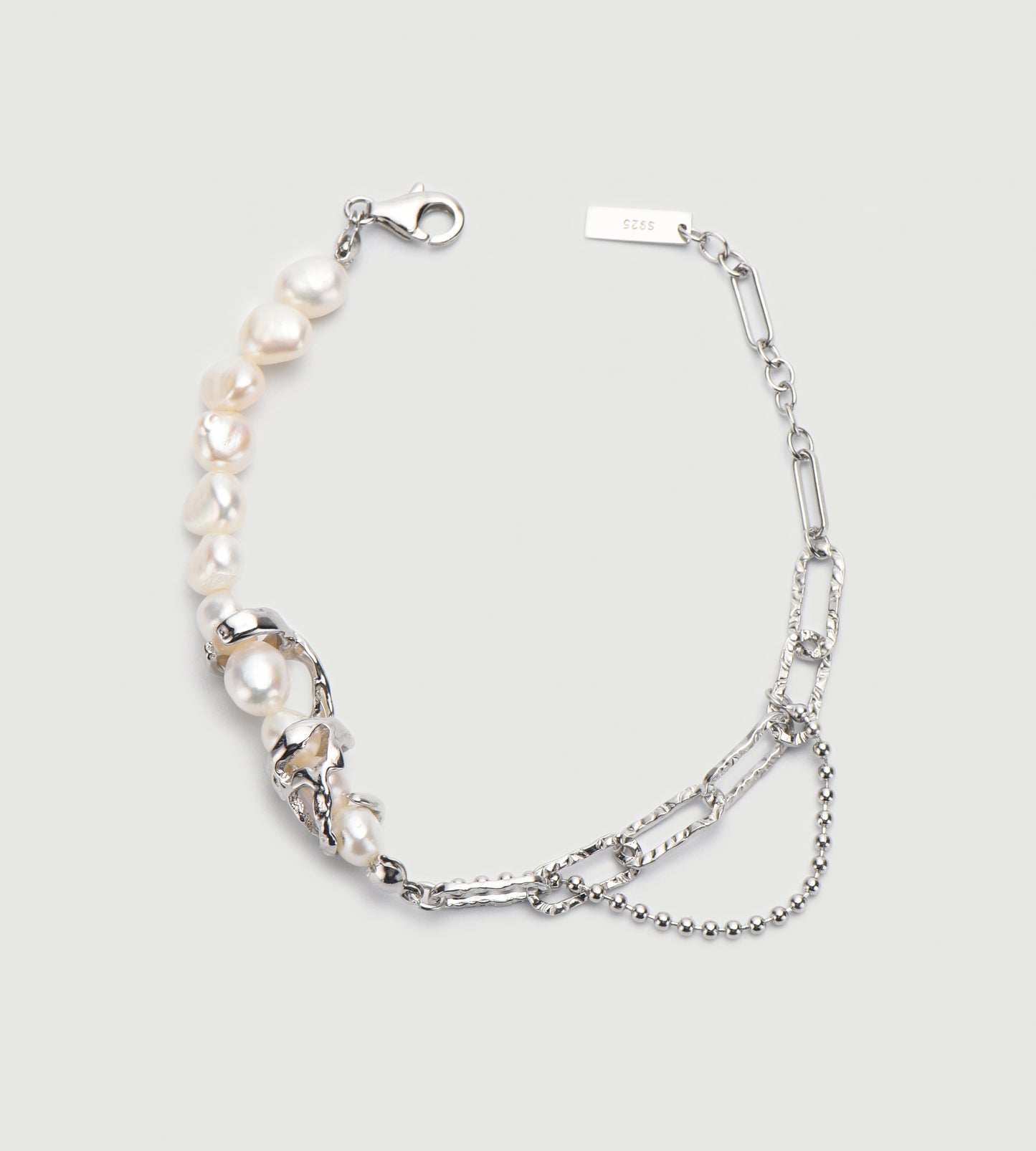 Textured Chain & Pearl Stitching Sterling Silver Bracelet