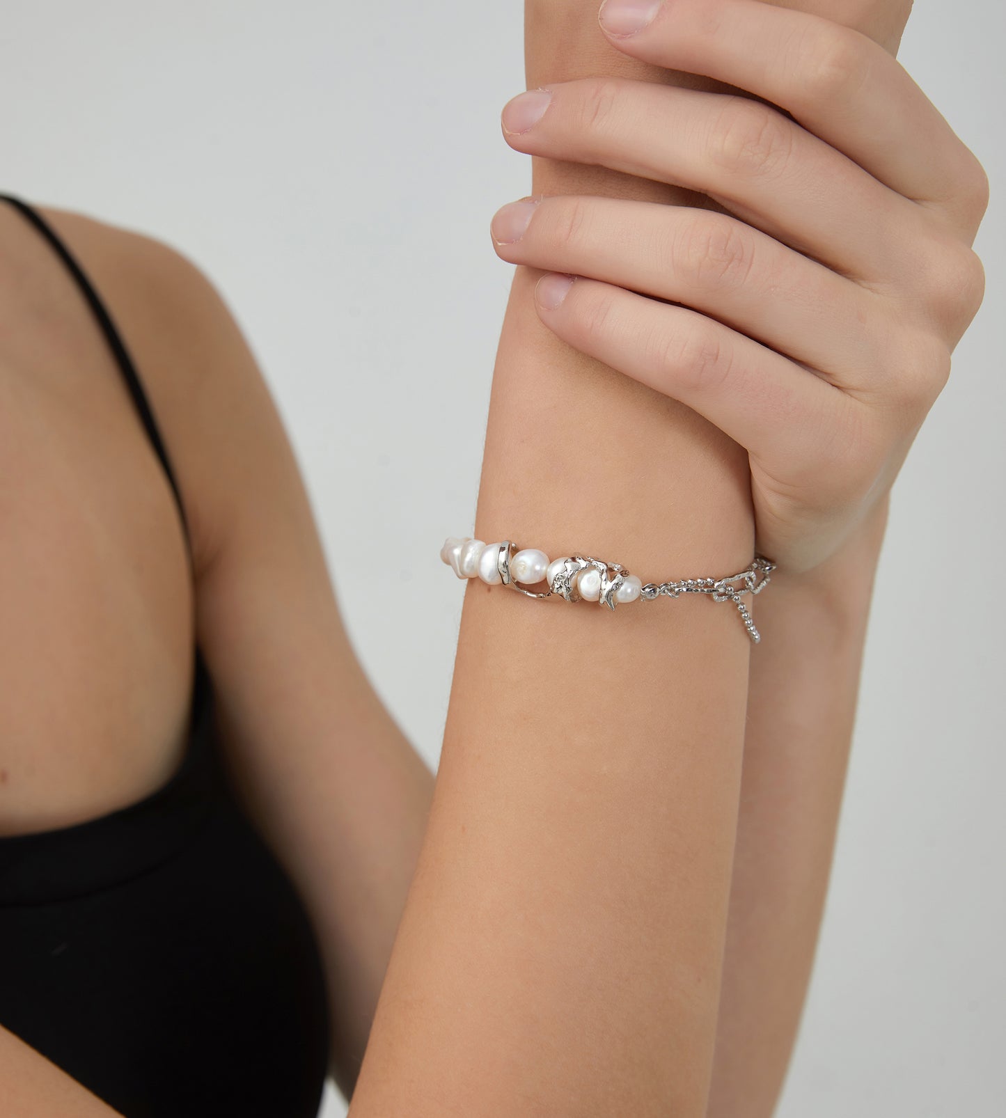 Textured Chain & Pearl Stitching Sterling Silver Bracelet