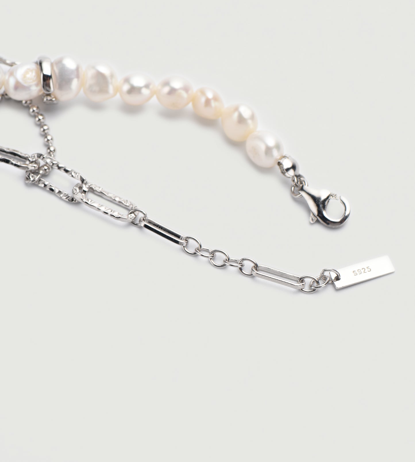 Textured Chain & Pearl Stitching Sterling Silver Bracelet